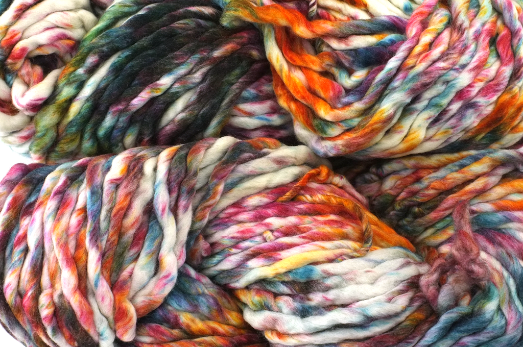 Malabrigo Rasta in color Molino, Super Bulky Merino Wool Knitting Yarn, red, indigo, forest, on off-white, #185 - Red Beauty Textiles