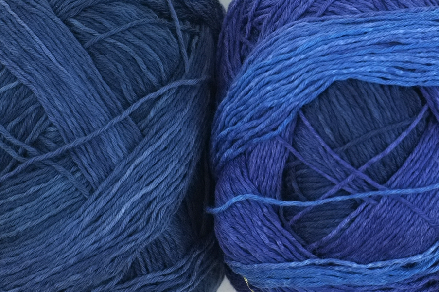 Zauberball Cotton, self striping yarn, color 2343 "Working Class" organic cotton yarn, blues, denim