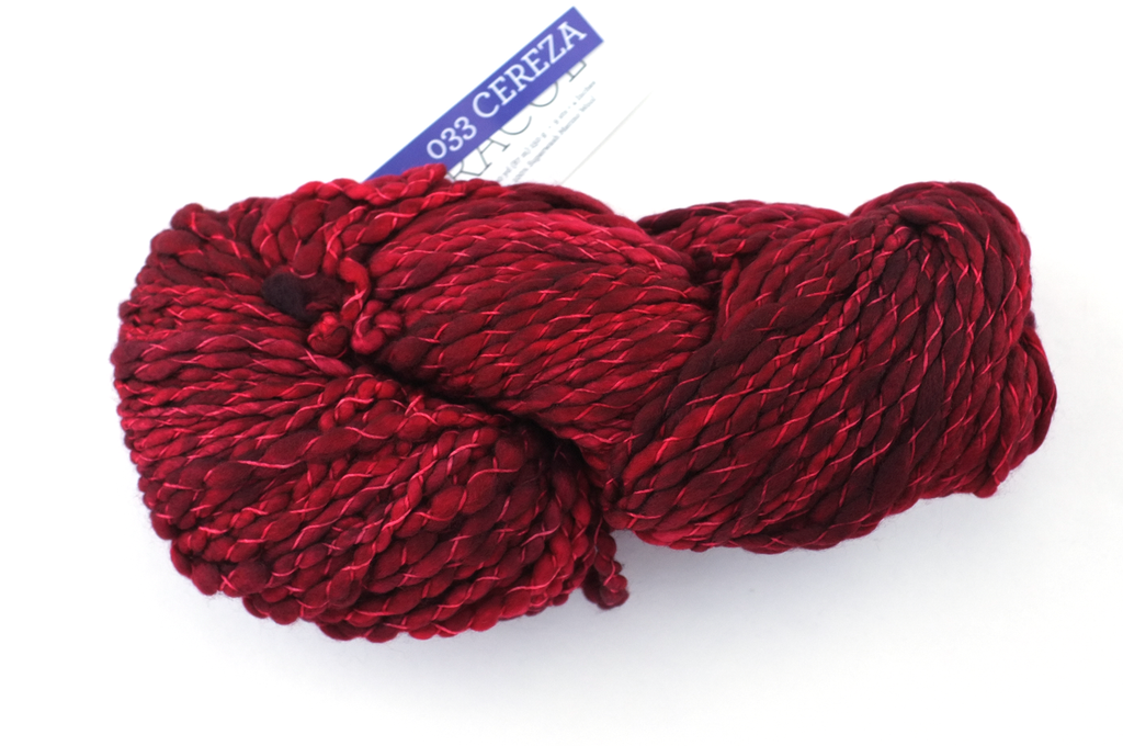 Malabrigo Caracol in color Cereza #033, Super Bulky thick and thin superwash merino knitting yarn in deep crimson red - Red Beauty Textiles