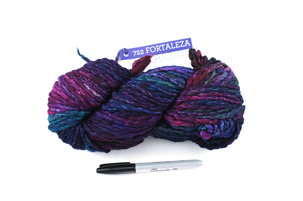 Malabrigo Caracol in color Fortaleza, #722, Super Bulky thick and thin superwash merino knitting yarn in blues, rose - Red Beauty Textiles