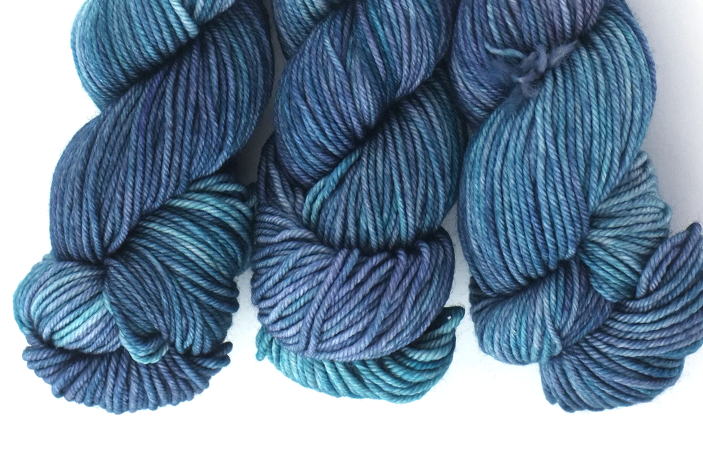 Dream in Color City in color The Edge 931, aran weight superwash wool knitting yarn, teals, blues, pale purple