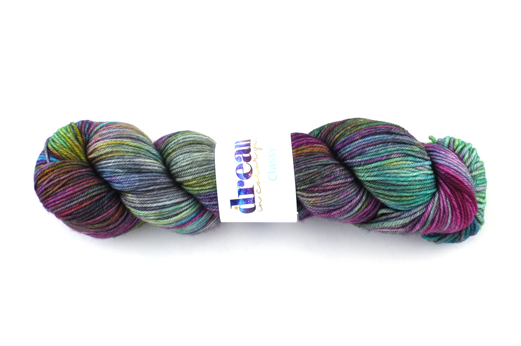 Dream in Color Classy color Kiss Me Kate 906, worsted weight superwash wool knitting yarn, blues and rainbow hues