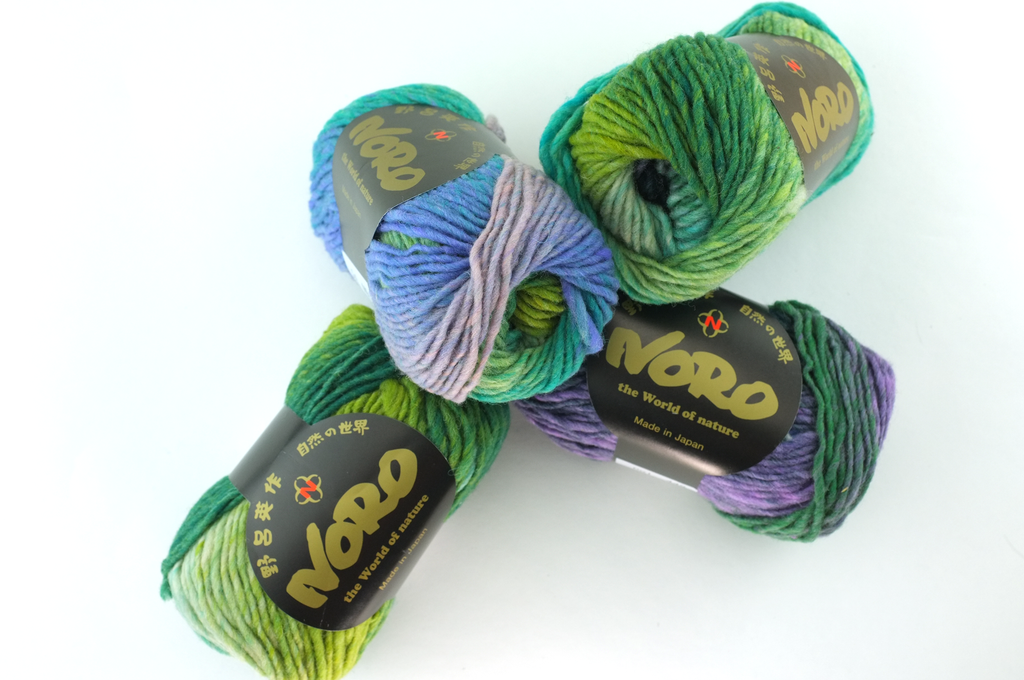Noro Kureyon Color 449, Worsted Weight 100% Wool Knitting Yarn, soft periwinkle, bright greens