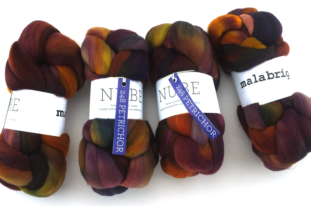 Malabrigo Nube, Petrichor, orange, green, brown, color 248, merino spinning fiber - Red Beauty Textiles