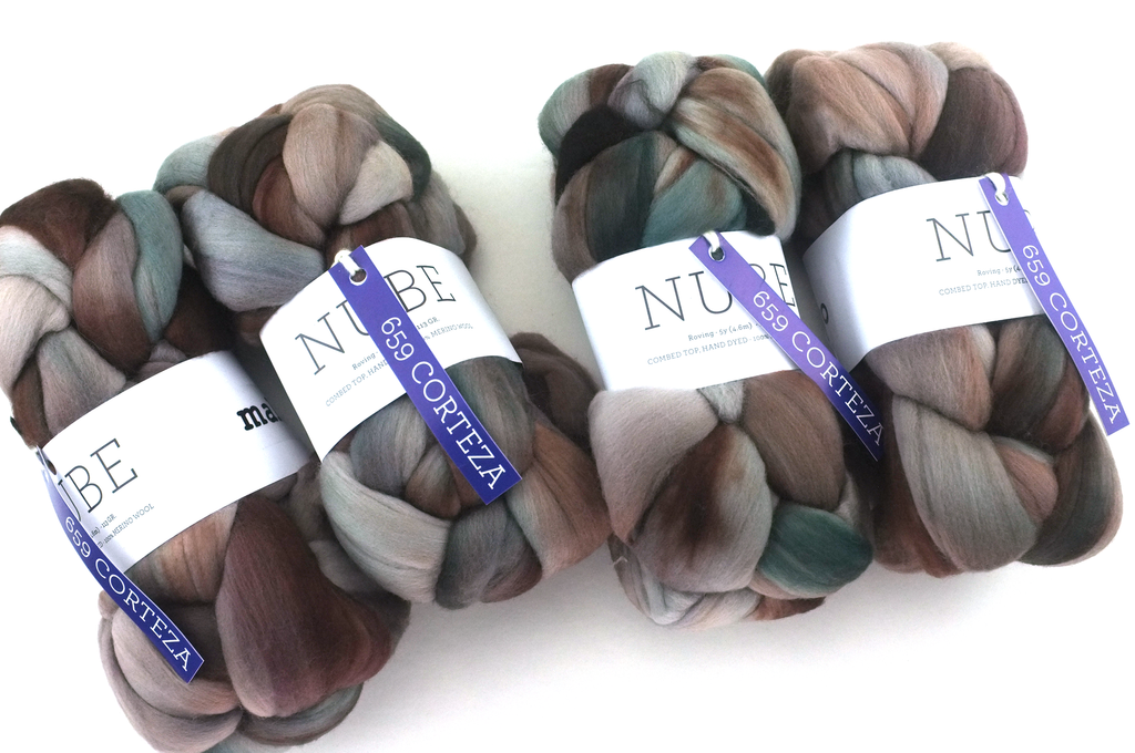 Malabrigo Nube, Corteza, blues with browns, color 659, merino spinning fiber by Red Beauty Textiles