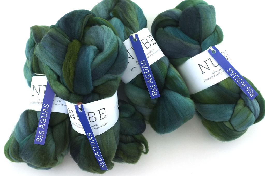Malabrigo Nube, Aguas, blues and greens, color 855, merino spinning fiber - Red Beauty Textiles