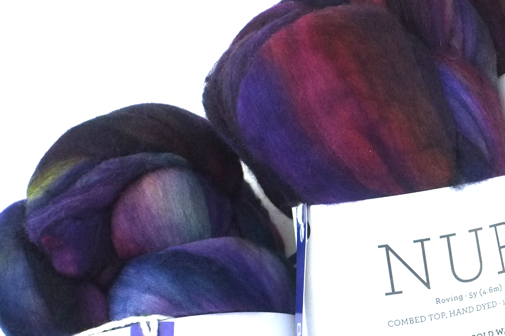 Malabrigo Nube, Boreal, dark rainbow, magenta, navy, color 884, merino spinning fiber - Red Beauty Textiles