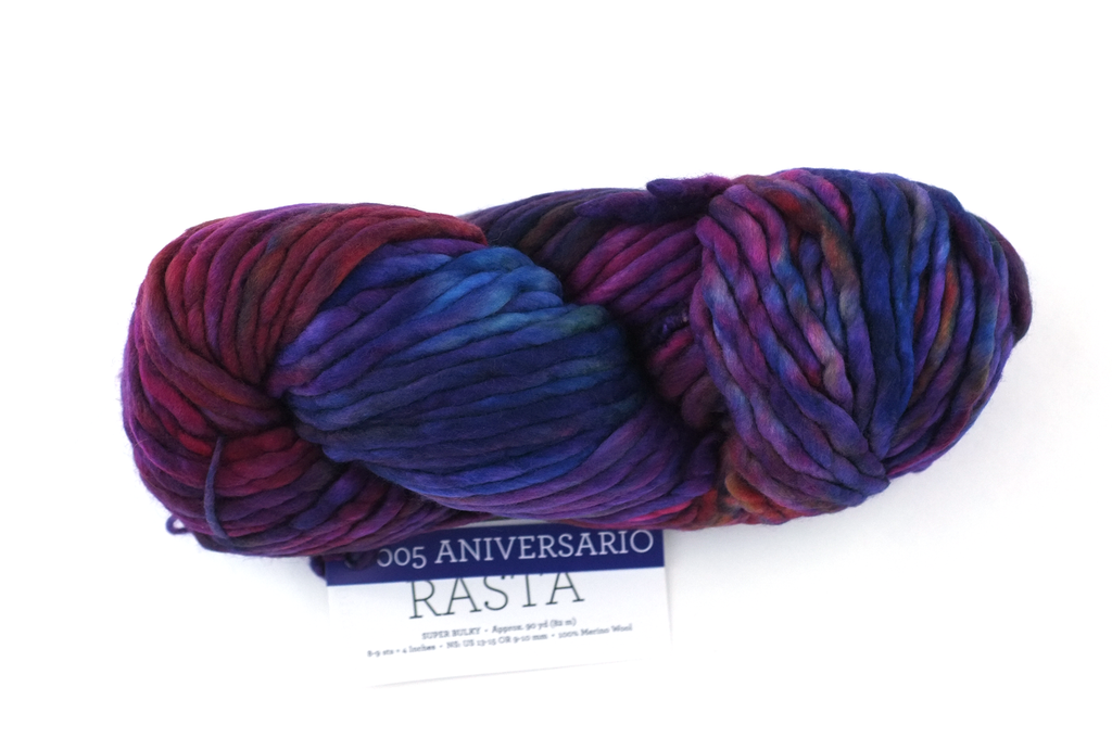 Malabrigo Rasta in color Aniversario, Super Bulky Merino Wool Knitting Yarn, blues, reds, red-violet, purples, #005 - Red Beauty Textiles
