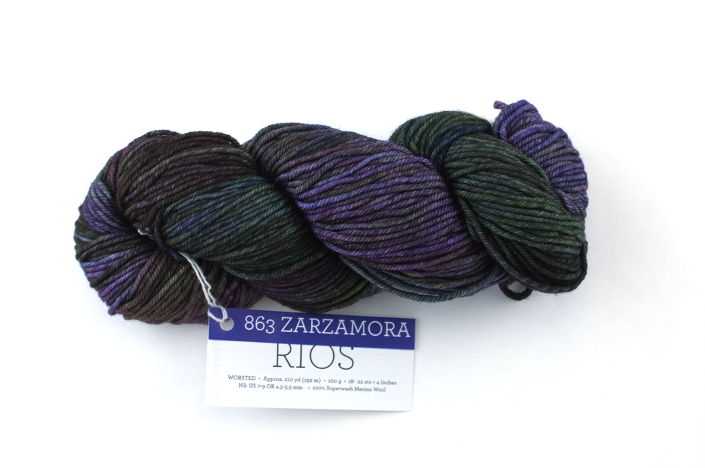 Malabrigo Rios in color Zarzamora, Merino Wool Worsted Weight Knitting Yarn, variegated dark purple, olive, #863 - Red Beauty Textiles