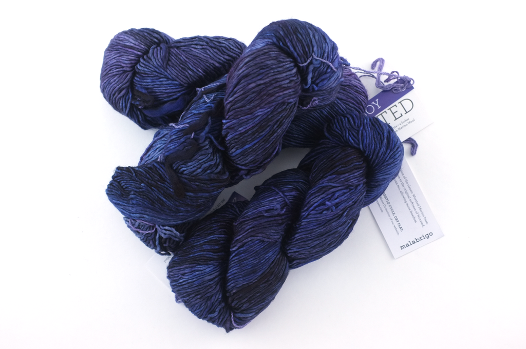 Malabrigo Washted in color Cowboy, Aran Weight Merino Superwash Wool Knitting Yarn, inky blue, purple, #215 - Red Beauty Textiles